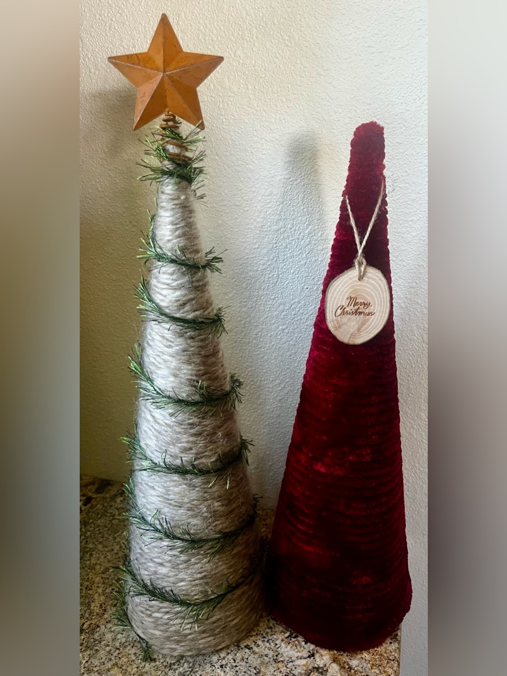 Festive Red and Cream Holiday Yarn Cone Trees Decorative Christmas Table Accent